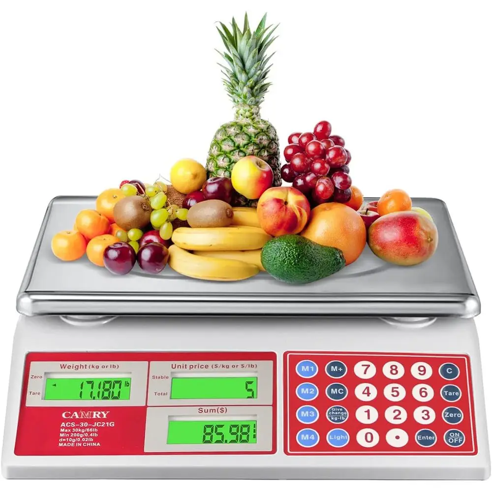 Báscula Comercial para Productos de 30 kg/66 lb con Plataforma de Acero Inoxidable y Pantalla LCD con Retroiluminación Verde para Carne, Frutas, Delicatessen, Agricultores