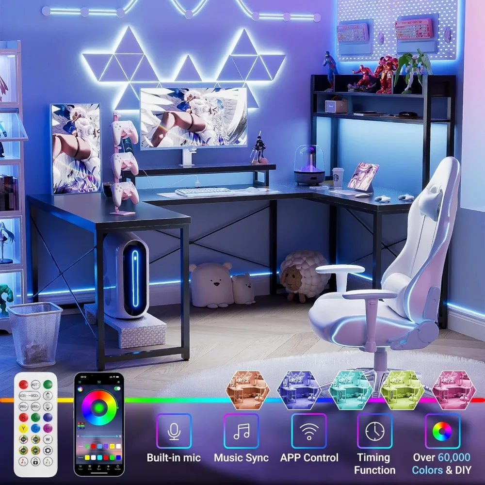 Large U Shaped Computer Desk with Hutch, Customizable Reversible L Shaped Office Desks with Power Outlets & LED Lights, Corner