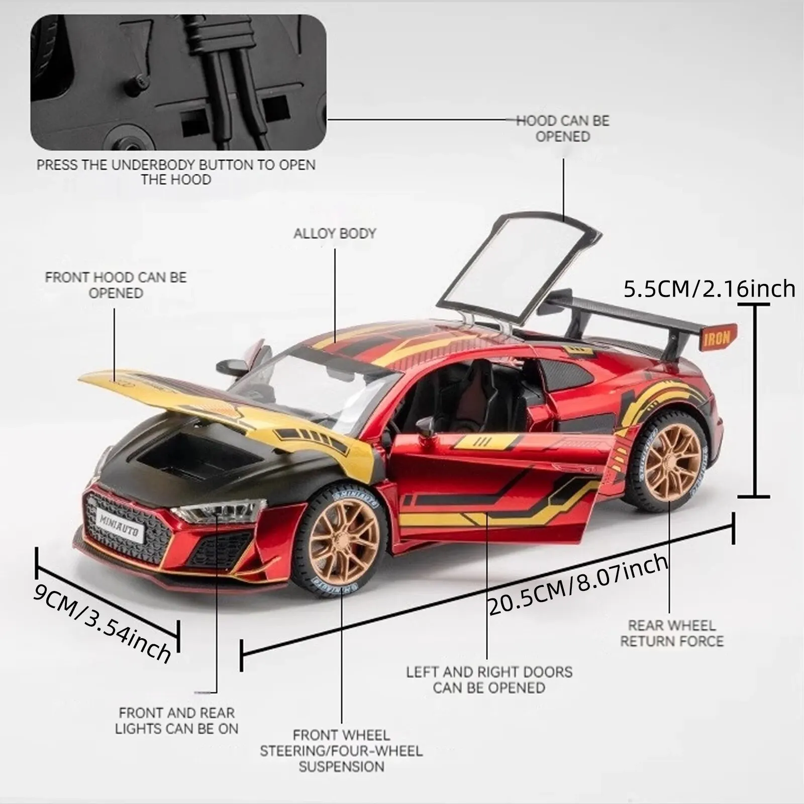 Модель автомобиля Audi R8 LMS в масштабе 1:24 из сплава, коллекционная гоночная модель для любителей автомобилей, высокодетализированная, прочная конструкция