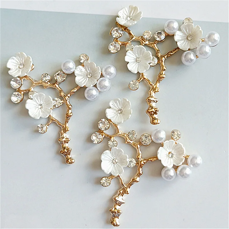50pcs Rhinestones Pearl Plum Branch Button Bead Flat Back For Bridal Kids Hair Headwear Bag Shoes Apparel Case Ornament DIY