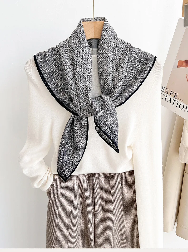 

2026 Luxury Brand Elegant Womens Shawl 70% Wool 30% Silk Gray Checkered Square Scarf for Women Hijab Ladies Muffler