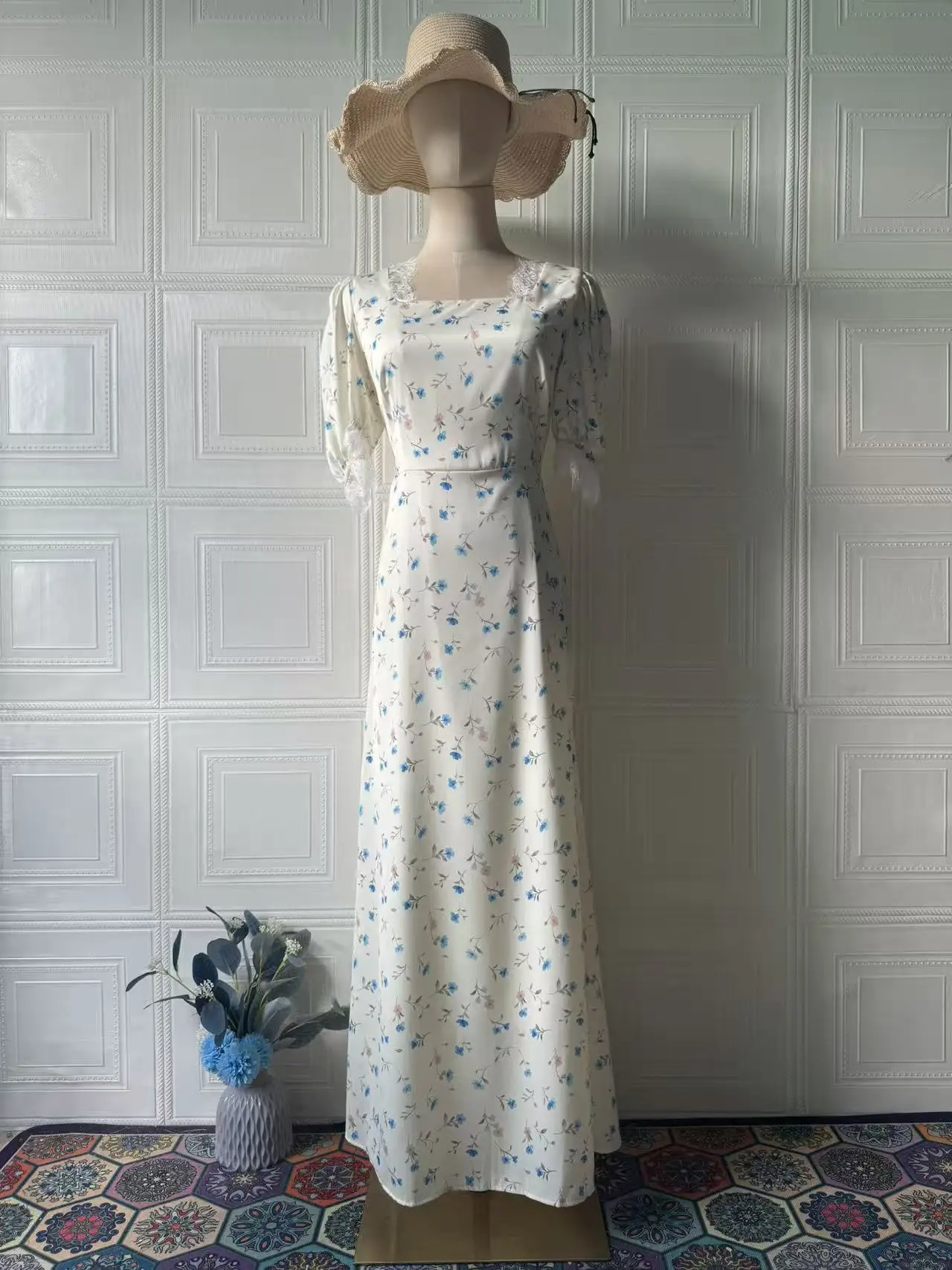 여성 롱 드레스 플라워 프린트 맥시 가운 스퀘어 넥 반팔 레이스업 타이트 웨이스트 베스티도 여성 스위트 A라인