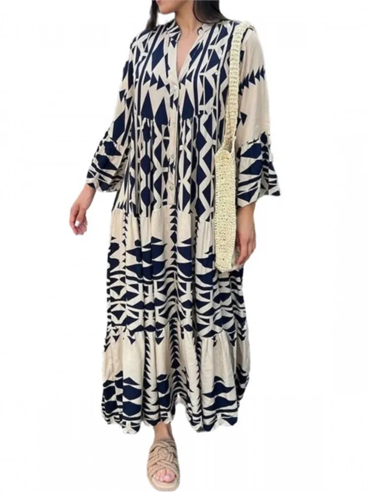 Spring Autumn Women\'s New Fashionable Printed Shirt Skirt Sexy V-neck Nine Quarter Sleeve Bohemian Button Dress