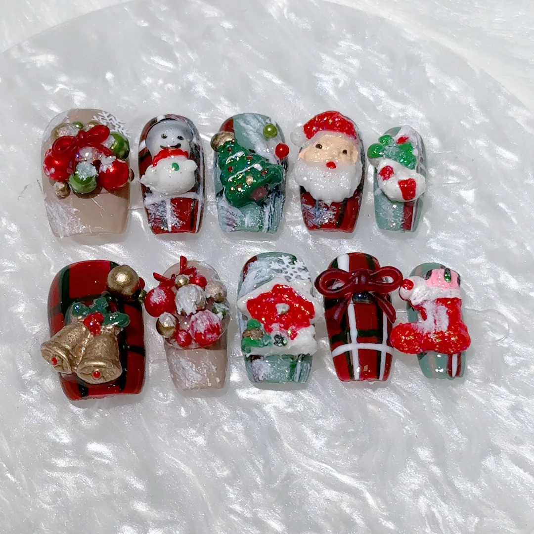 Christmas Press On Acrylic Nails Ręcznie robione sztuczne paznokcie 3D Christmas Tree Bow Decor Ballet Plaid French Fałszywe paznokcie Trumna do noszenia