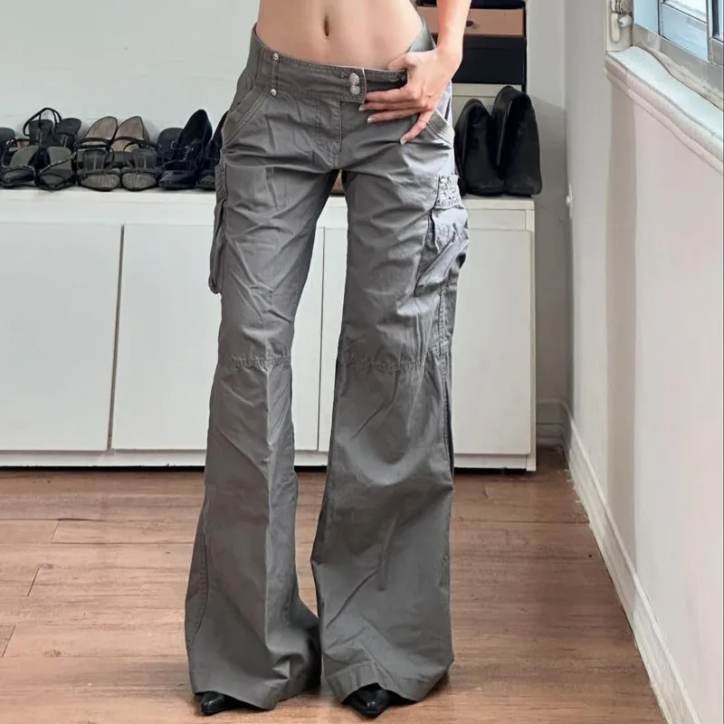 American street style multi-pocket tooling casual pants low waist splicing casual gray women's straight jeans