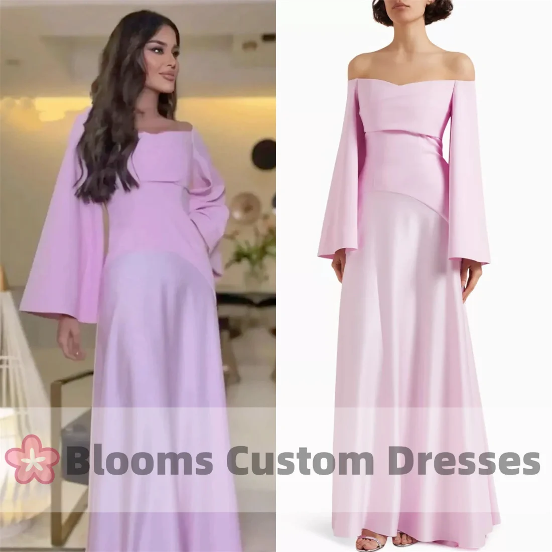 Blooms Customized Prom Dresses Off Shoulder Pink Evening Dress For Women Long Sleeves Saudi Arabia Formal Wedding Party Dress