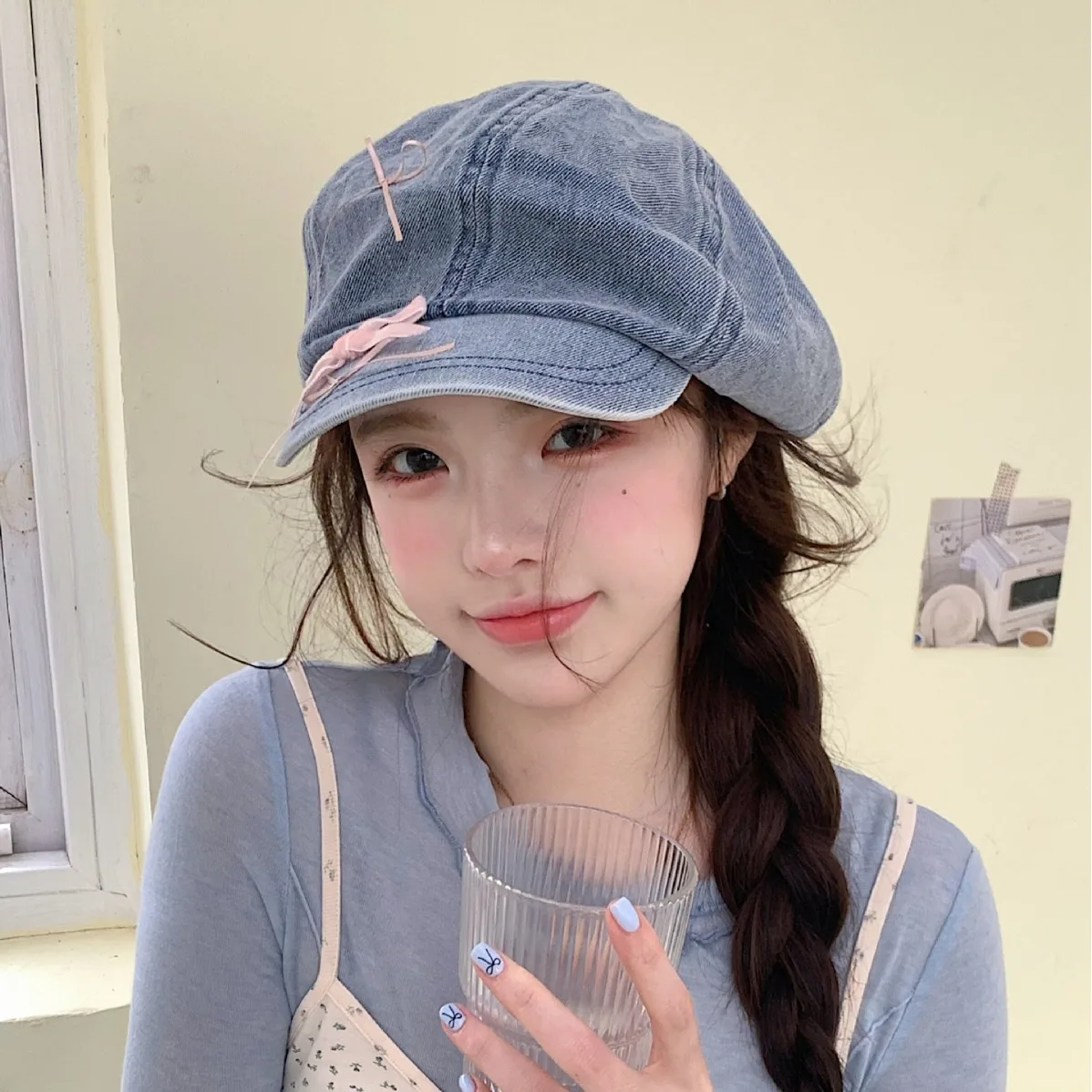 

Ladies' Berets Korean Denim Bow Cute Sweet Kawaii Simple Verstaile Newsboy Caps High-quality Luxury Brand Artist Hats For Girl