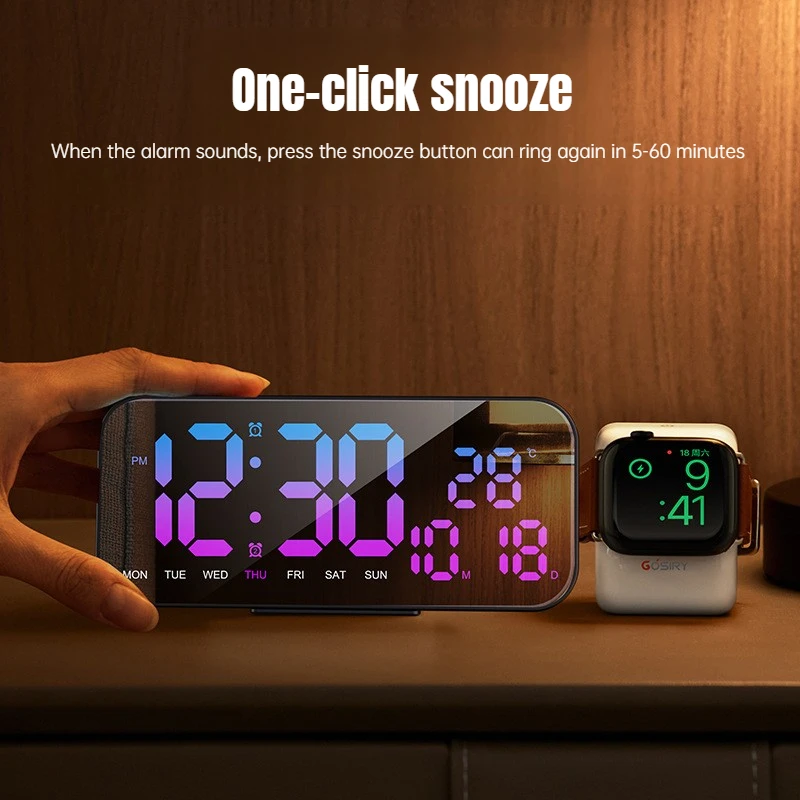 Iridescent Digital Snooze Alarm Clock for Children RGB LED Wall/Desktop Decorative Mirror Small Clock with Temperature Display