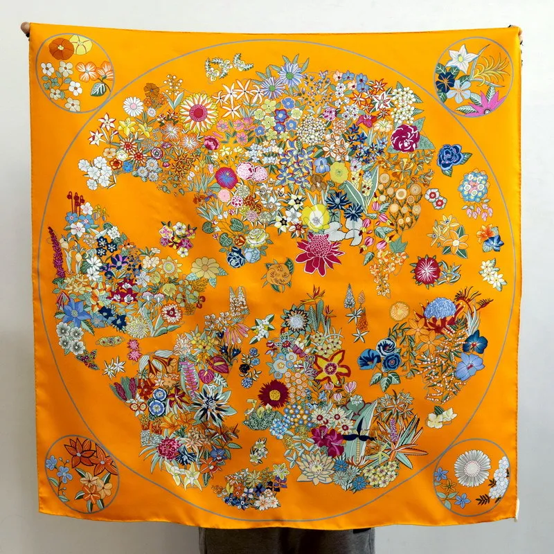 

Оранжевый цвет, летние аксессуары для шеи, женский шелковый шарф, роскошные дизайнерские саржевые шарфы, шали с закрученными краями, квадратные банданы 90 см