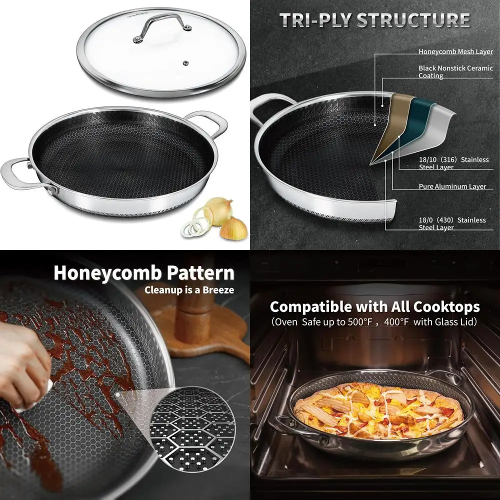 Sartén Híbrida Antiadherente con Tapa de 12 Pulgadas, Sartén para Paella de Acero Inoxidable con Dos Asas, Sartén Multifuncional Apta para Lavavajillas y Horno