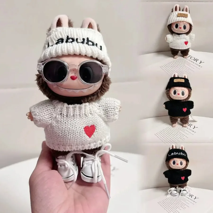 

17cm Labubu Dolls Clothing The Monster Outfit Accessories for Sitting Party Labubu Letter Hat Love Sweater Casual Shoes ES06F