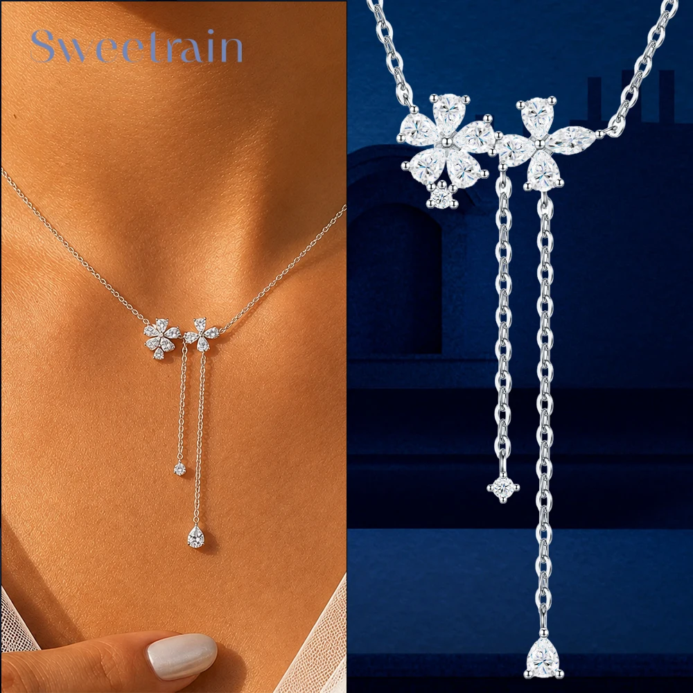 Pear Cut Moissanite Lariat Necklace 925 Sterling Silver Lab Diamond Y-Style Long Tassel Neck Chain for Women Wedding Jewelry