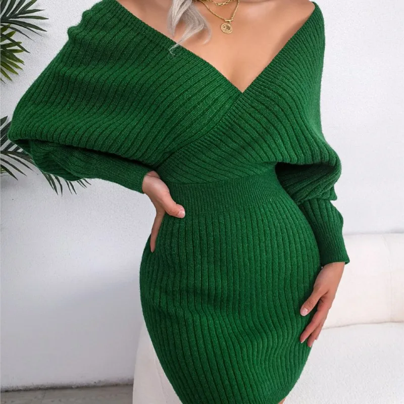 Autunno e inverno da donna sexy scollo a V incrociato manica a pipistrello avvolto sull\'anca abito maglione a maniche lunghe pullover gonna a tubino