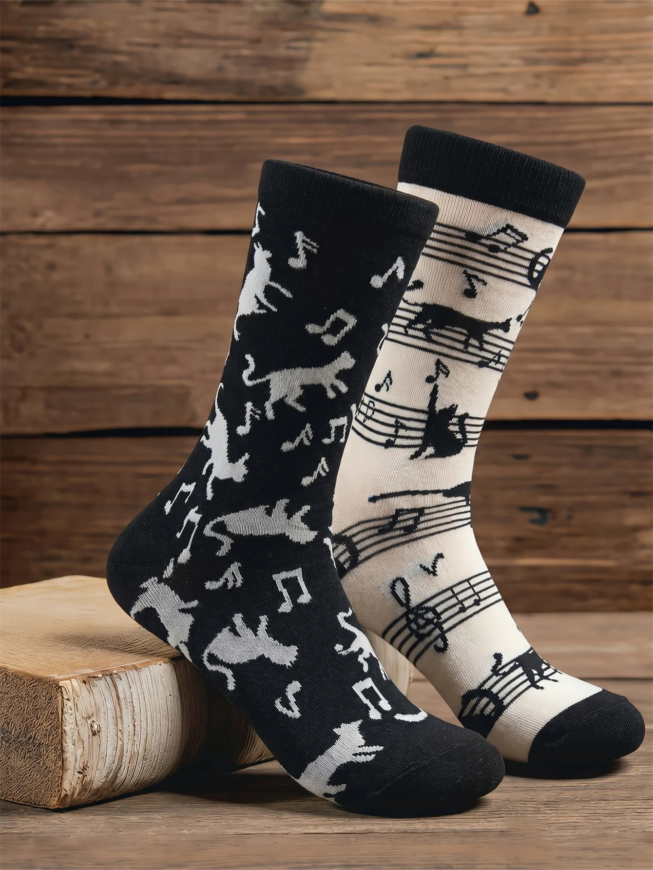 

Cat Music Print Cotton Socks Black Asymmetry Personality Crew Men Socks Novelty Mid Socks Cute Animal Gift for Music Lovers