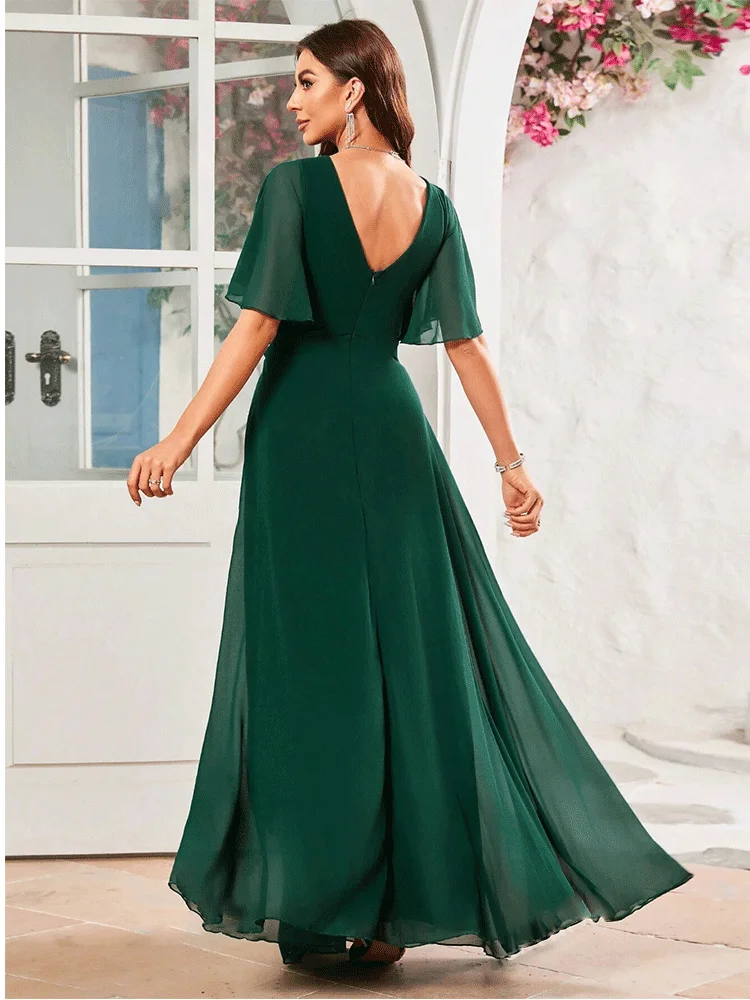 Vestido de noite com decote em v, manga curta, verde escuro, lantejoulas, chiffon, até o chão, para mulheres, brilhante, dama de honra, casamento, dança, baile