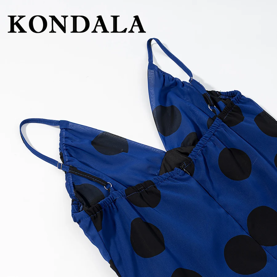 KONDALA Chic Polka Dot Elegant Long Blue Woman Dress Fashion 2025 Evening Part Cami Dress Fishtail Birthday Pleated Slim Vestido