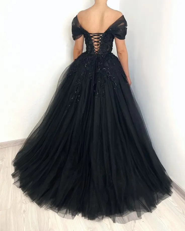 Black Evening Dress 2024 Beaded Lace Applique Off Shoulder V Neck Tulle Ball Gown Long Sweep Train Prom Gowns Elegant Woman