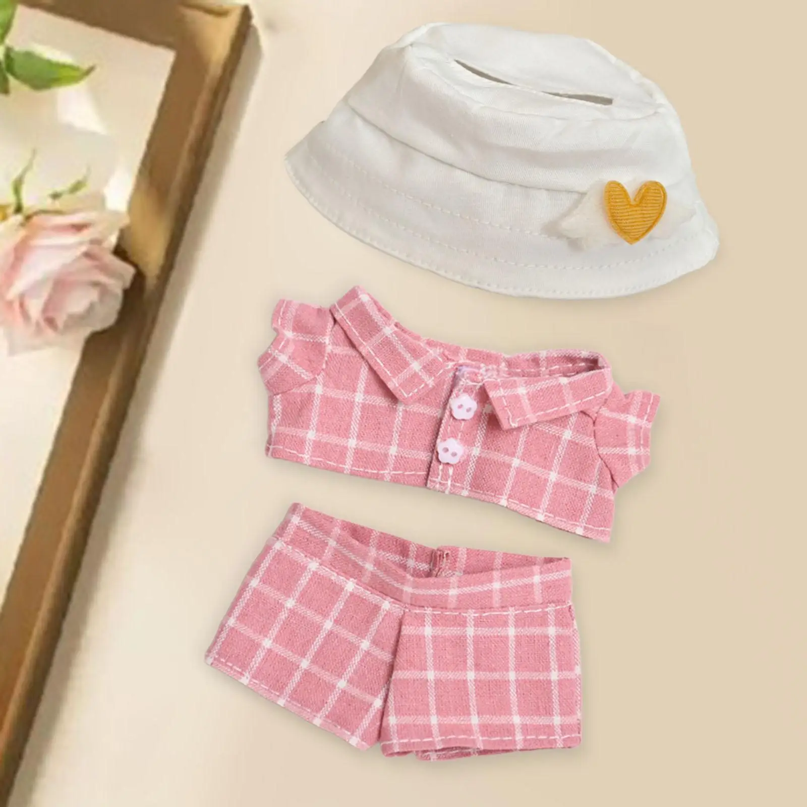 Doll Clothing Set for 15cm Plush Toys, Pink Checkered Outfit with Accessories