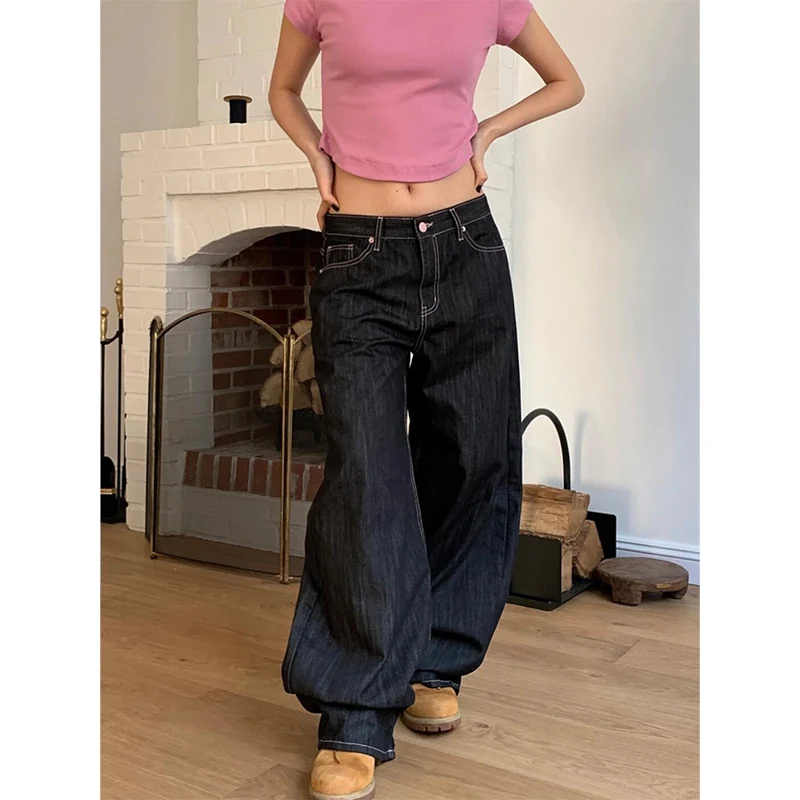 Women Vintage Love Print Baggy Jeans 2025 Autumn Harajuku Casual Wide Leg Pants Streetwear Y2K Aesthetic Denim Trousers