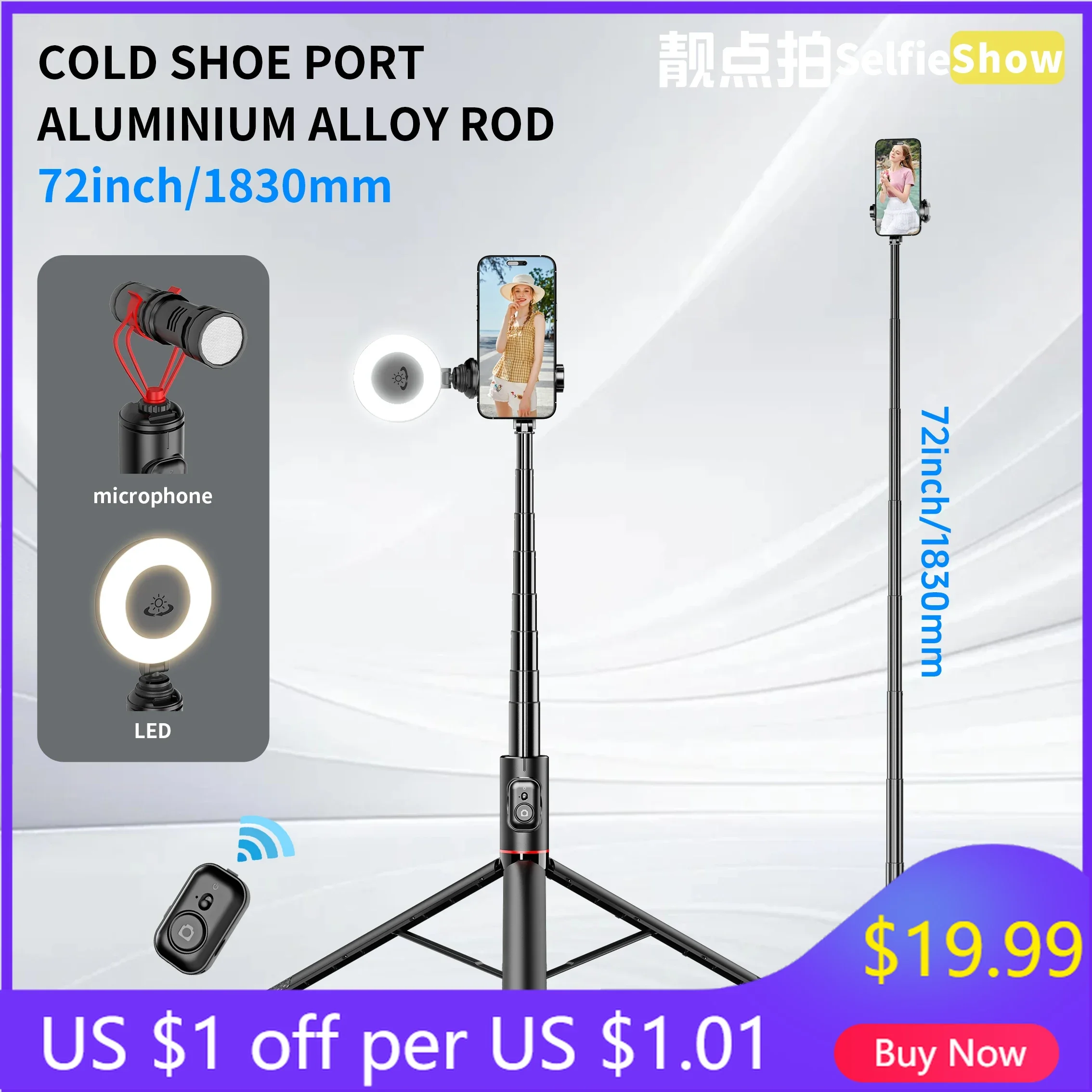 

72 Inch Aluminum Alloy Selfie Stick Wireless Bluetooth Stable Tripod Portable Stand Stabilizer Tripe for iOS Android Cellphone