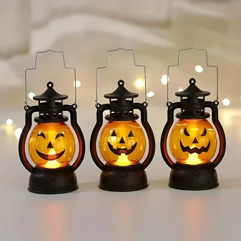 Halloween Hanging Pumpkin Lantern Light LED Ghost Lamp Candle Light Retro Small Oil Lamp Halloween Party Home Decor Horror Props