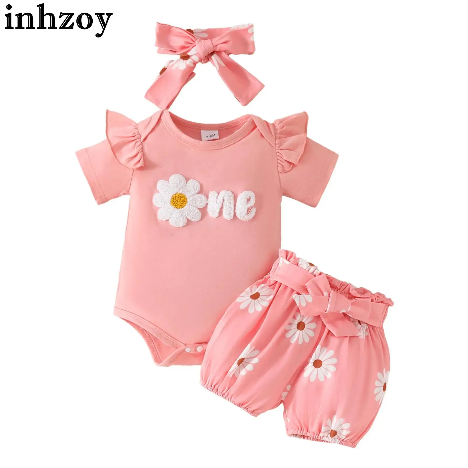 

Infant Girls Summer Casual Cute Outfit Short Ruffled Sleeve Romper with Headband Suspender Skirt or Shorts for Daily Party Gift