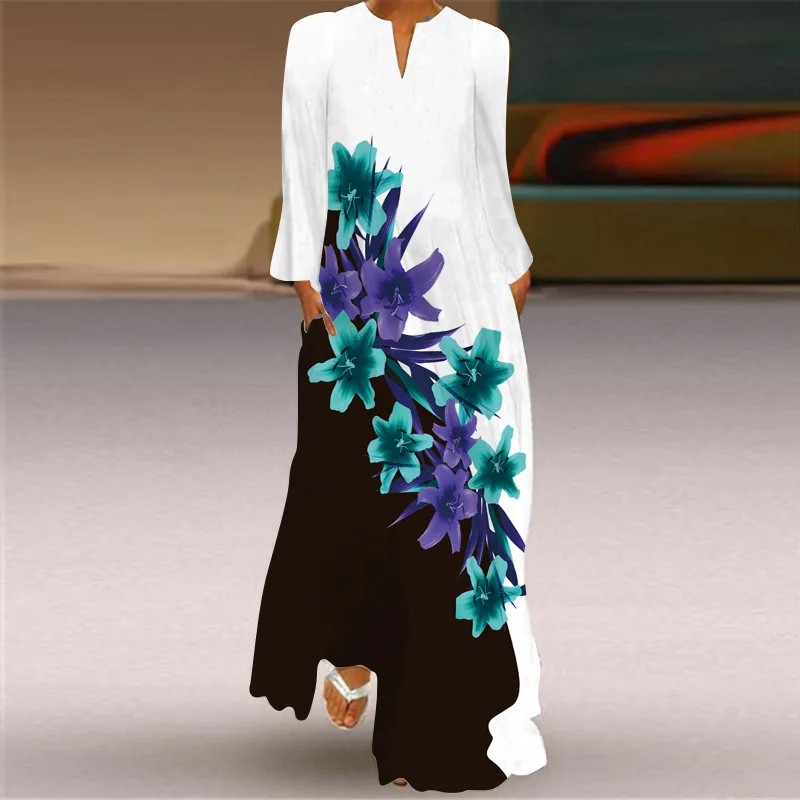 Vintage Maxi Dress For Women Fashion V-neck Long Sleeve Party Dress With Pocket Ankle-Length Beach Sundress Plus Size Vestidos