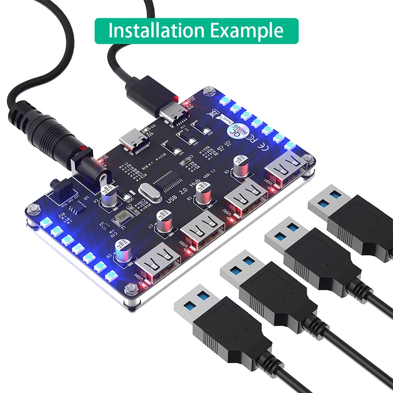 4 Port USB 2.0 HUB with 3528 Colorful LED DC 5/12V Auxiliary Power for PC Laptop Keyboard Mouse HDD Support Windows/Mac/Linux OS