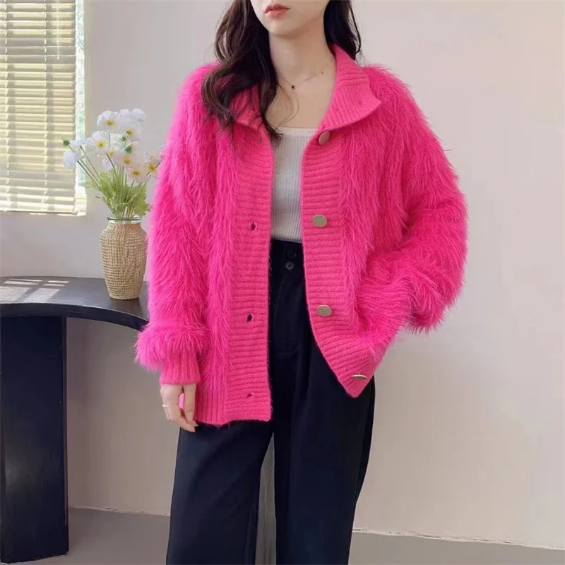 Mantel beludru Mink imitasi wangi kecil wanita, Sweater Atasan Wanita musim gugur, jaket kelas atas longgar, kardigan angin malas luar