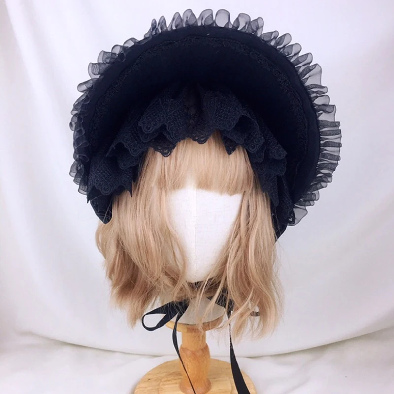 Gothic Bonnet Hat Lolita Girls Maid Cosplay Cap Headpiece Vintage Victorian Multilaye Lace Hats