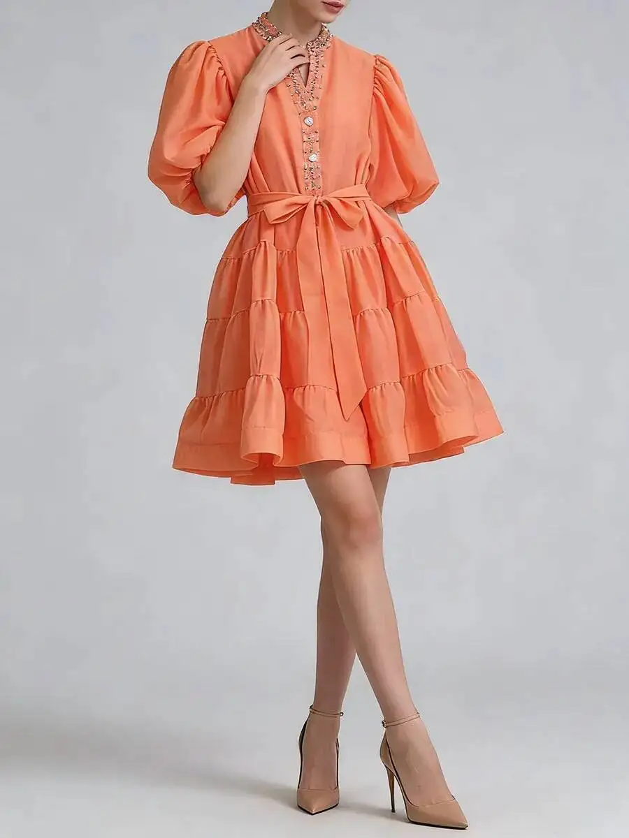 BJTZ 2026 primavera otoño Vintage vestido bohemio mujeres estampado Floral Puff manga diamantes de imitación botones cintura corbata vacaciones Chic