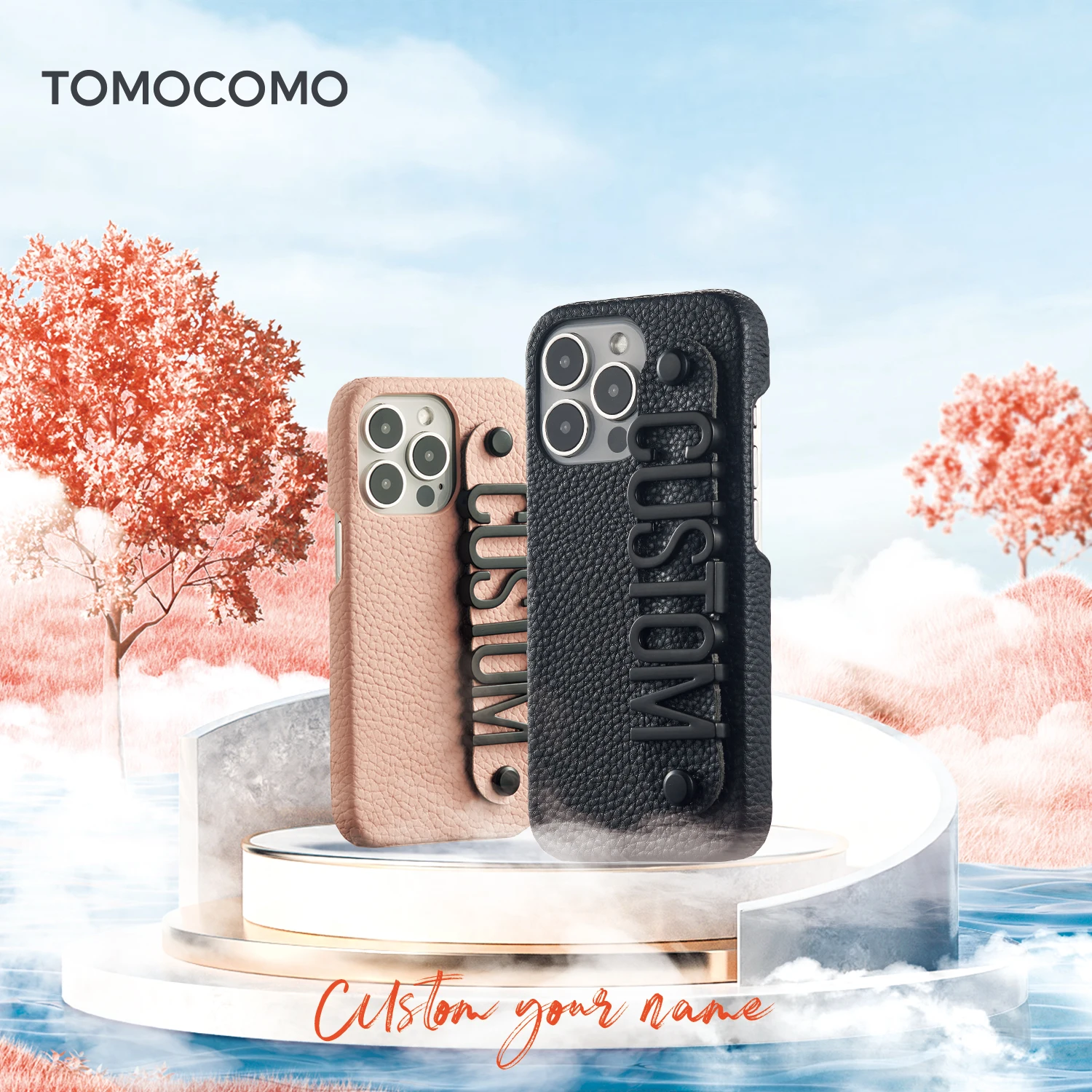 

Tomocomo Leather Holding Strap Custom Name Black Big Small Metal Letter Phone Case For IPhone15 14ProMax 13 12 Mini 11Cellphone