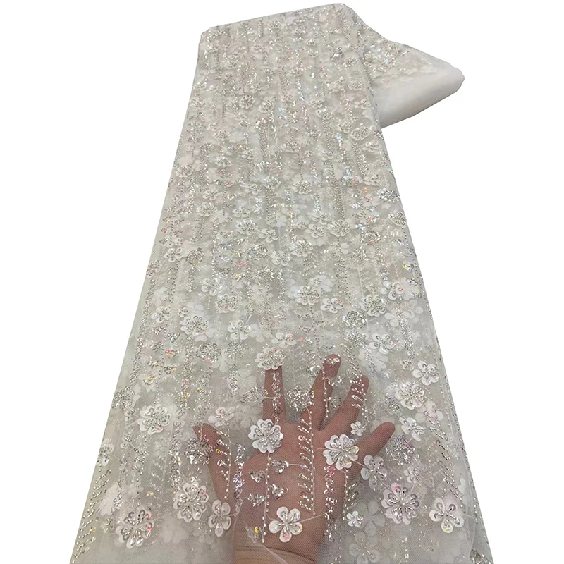 

5yards Sequin Laser Bead Tube Embroidery Mesh Fabric Luxury Elegant African Sequins Beaded Lace Fabric Wedding Dress DIY
