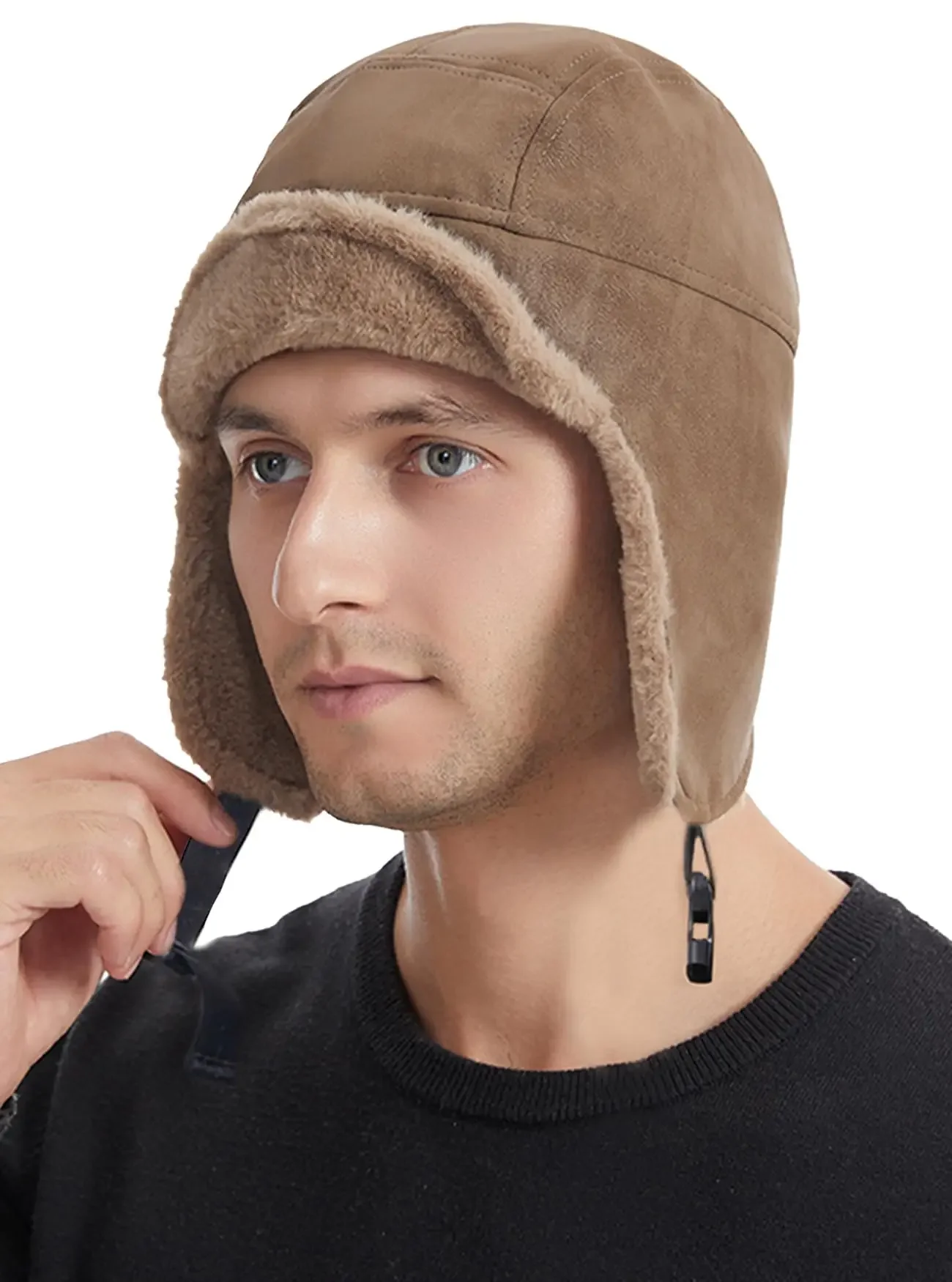 

Windproof Trooper Hat Ushanka Aviator Trapper Suede Leather Hat Faux Fur Russian Soviet Earflaps Outdoor Caps Warm Winter Hat