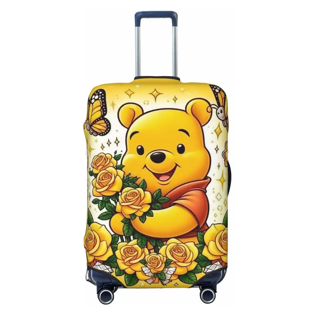 

Custom Yellow Rose Butterfly Winnie The Pooh Luggage Cover Protector Cute Bear Travel Suitcase Protective Cover for 18-32 Inch