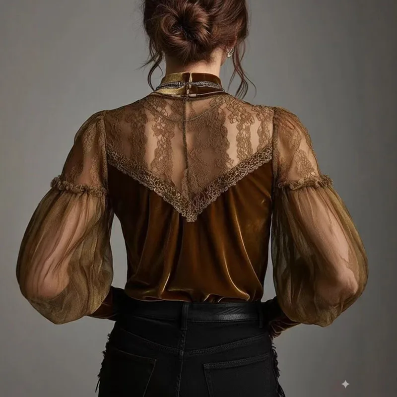 

Pullover Fall Long Sleeve Office Lady Shirt Chic Elegant Half High Collar Velvet Blouses Woman Sexy Hollow Spliced Mesh Lace Top