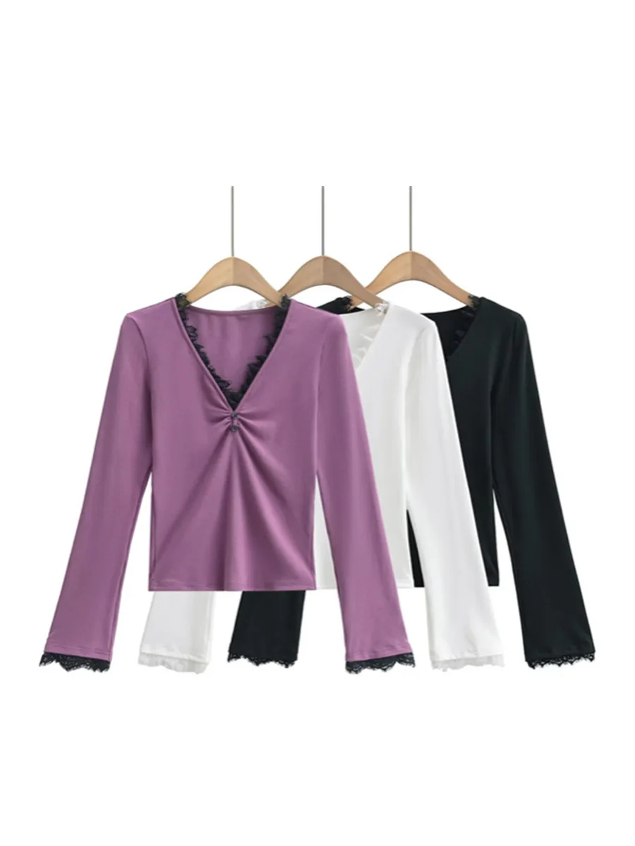 Cseta Fena de Manga Longa com Decote em V e Detalhes em Renda, Estilo Slim Fit para Outono e Inverno, Moda de Rua Pure...