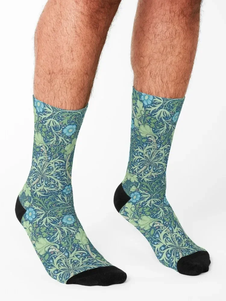 Morris Floral Flowers and Leaves Pattern (blue, green) Socks anti slip football funny sock football luxe Women Socks Men's