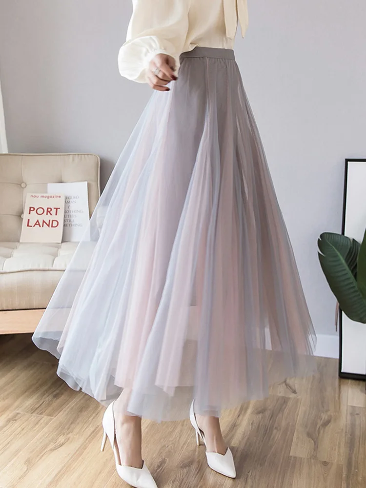 Summer Mesh Long New Contrasting Colors Pleated Skirt Loose Sweet Ladies Elegant Gray Pink Black Outfit