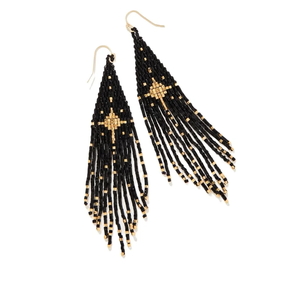 

2025 Handmade Bead Earrings Black Geometry Simple Hand-woven Tassel Pattern Bohemia Creativity Retro Beaded Earrings for Women