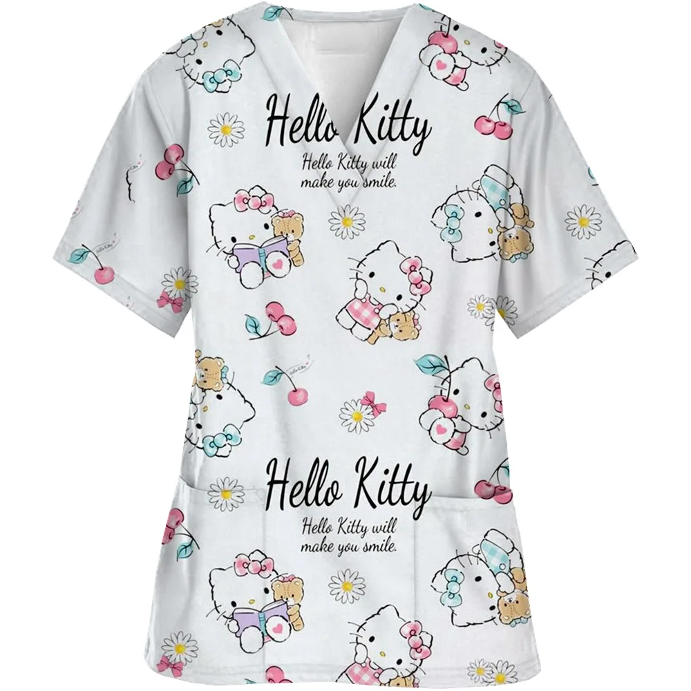 Summer T-shirts Pocket Tops Nurse Uniform Hello Kitty V Neck Woman Clothes Shirt Hospital T-shirt Top Women 2024 Tees Women's