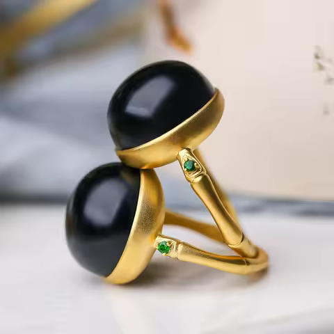 Natural Hetian black jade round bead opening adjustable ring Chinese retro elegant bamboo charm women's silver jewelry