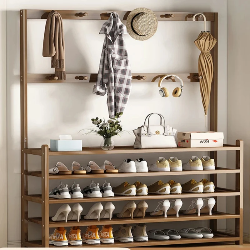 Bamboo Clothes Hat Rack Floor Standing Coat Hanger with Shoe Shelf Ideal for Closet Hallway Organization Natural Coat