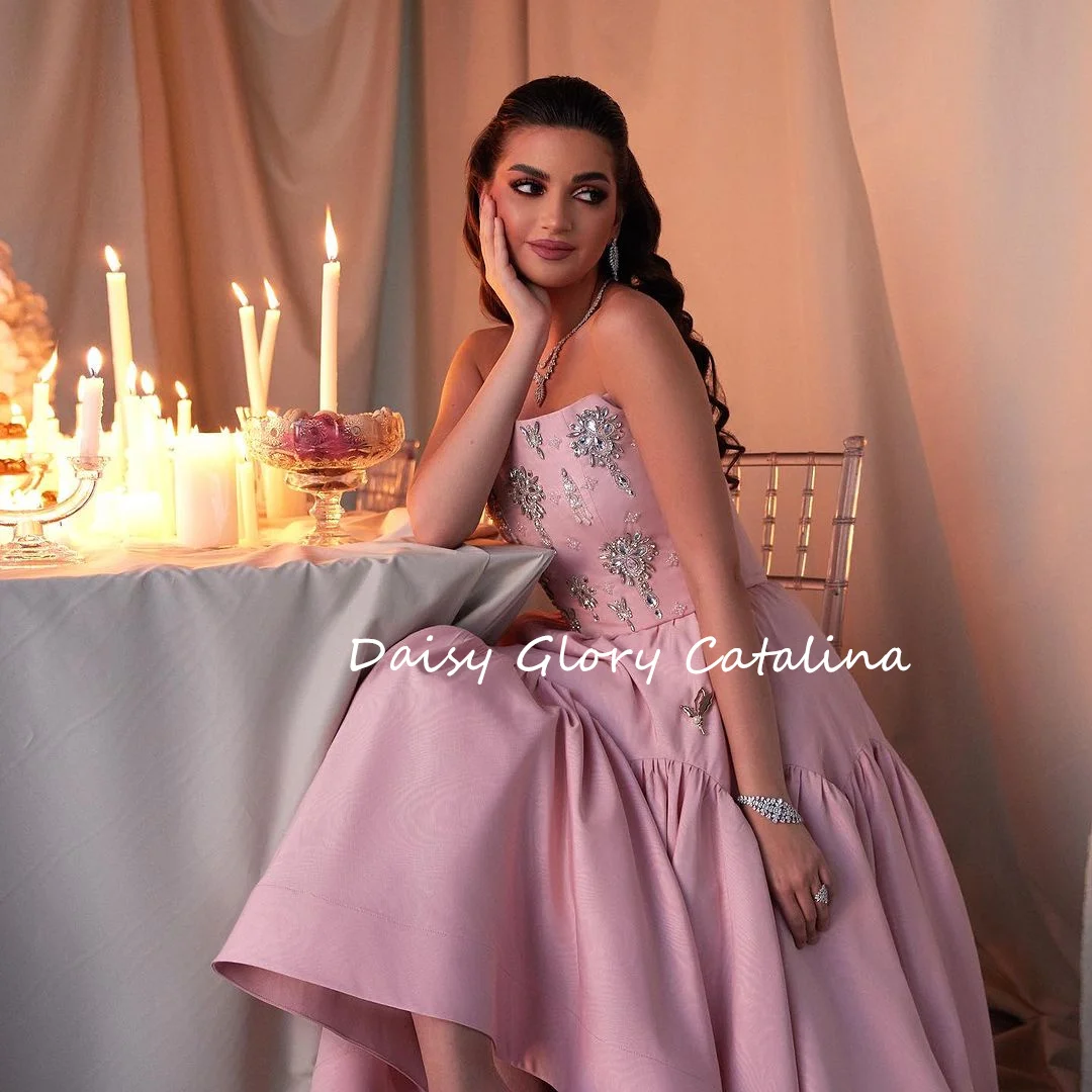 Gorgeous Prom Dresses Beads Crystal Sleeveless Pink Evening Dresses A-Line Formal New Design Saudi Arabia Wedding Party Gown