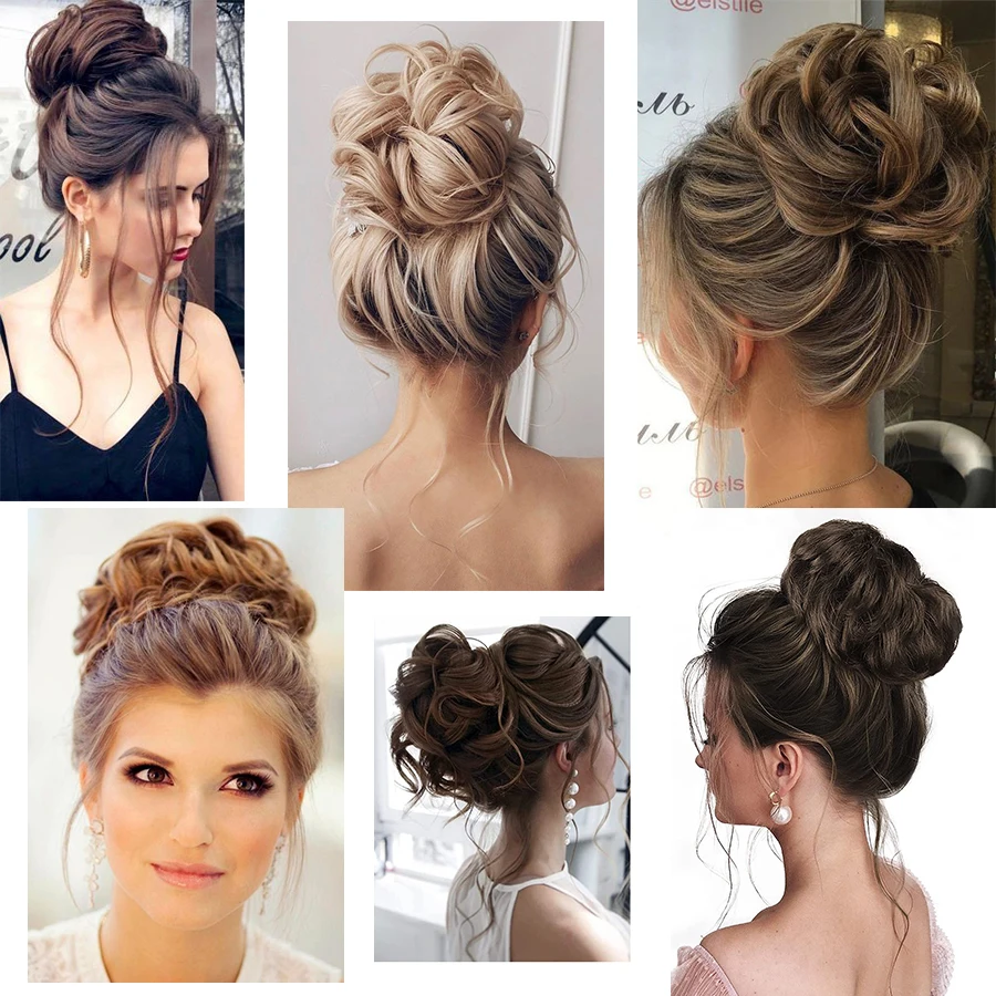 Messy ผมสังเคราะห์ Scrunchy Donut หยัก Updo ยืดหยุ่น Scrunchie ผมชิ้น Hairpiece เจ้าสาว Easy Bun Updos สำหรับเด็กผู้หญิง