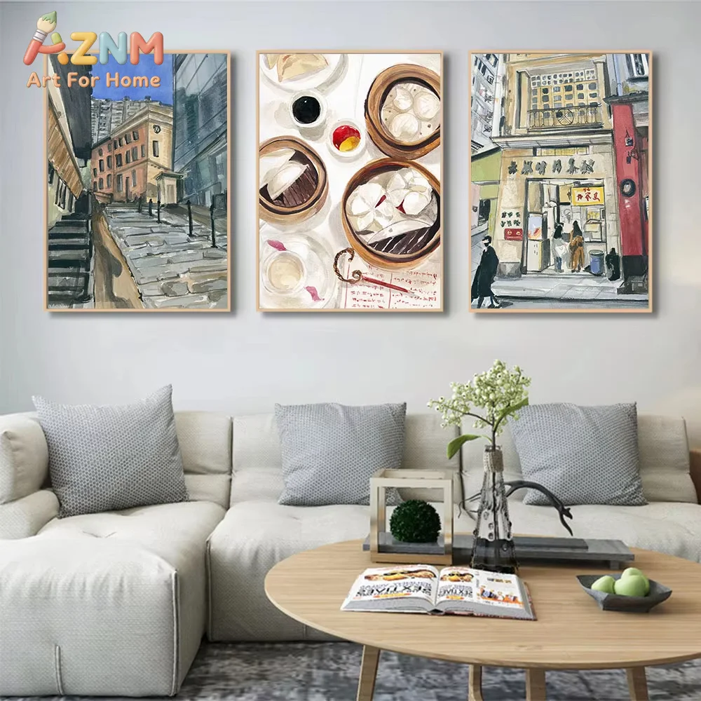 AZNM Hong Kong Street Dim Sum Canvas Wall Art Frameless Print, Watercolor Cityscape Food Poster, Modern Restaurant Living Room D