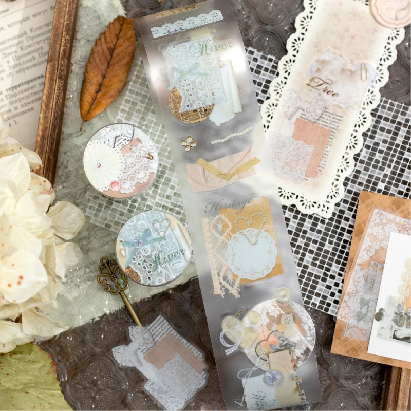 50 mm * 200 cm/Rolle Vintage Spitze Text Manuskript PET Stanzklebeband DIY Scrapbook ästhetische Briefpapieraufkleber