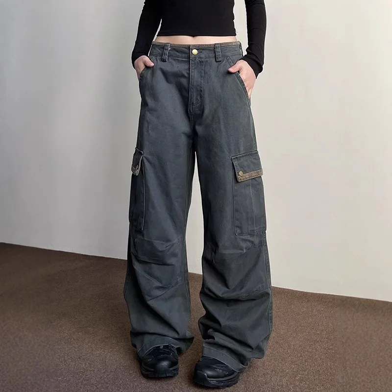 American Retro Gray Multi-Pocket Wrinkled Vintage Cargo For Men And Women New Street Style Loose Versatile Straight Pants