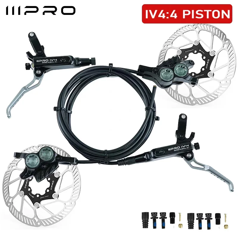 

IIIPRO Bicycle Hydraulic Disc Brake Set 850/1550mm Front and Rear 4 Piston Disc Brakes Oil Pressure Mountain Bike XC DH AM Brake