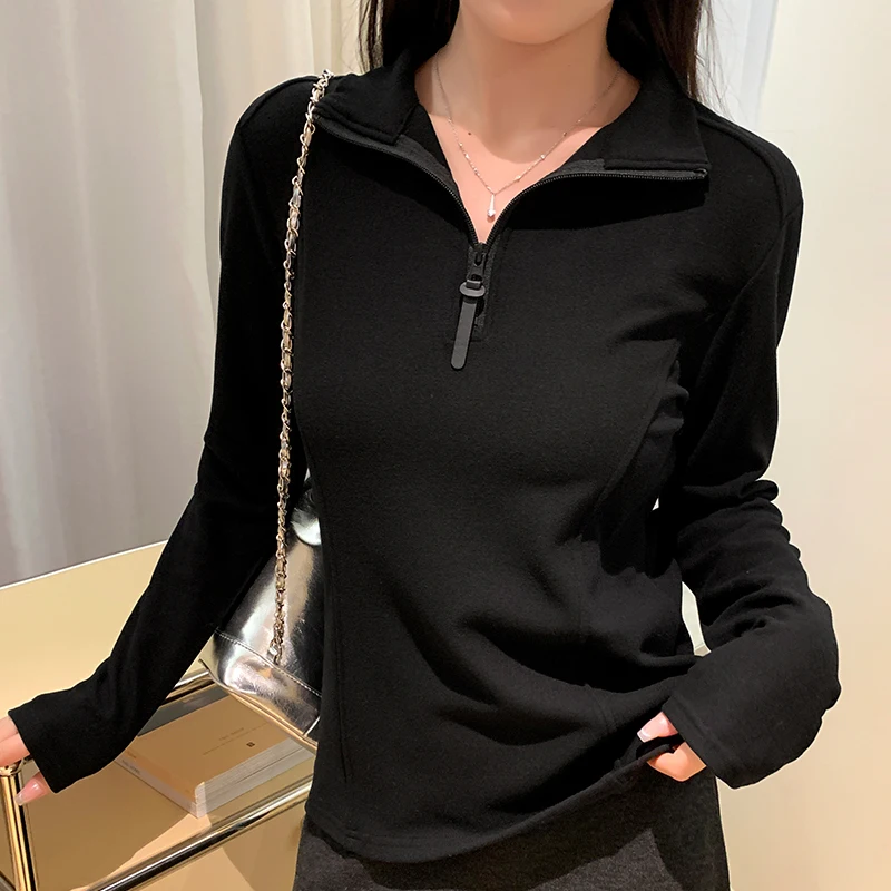 

Womens Base Shirt German Velvet Soft Glutinous Half Zipper Stand Collar Matte Velvet Warm Long Sleeve T Shirt